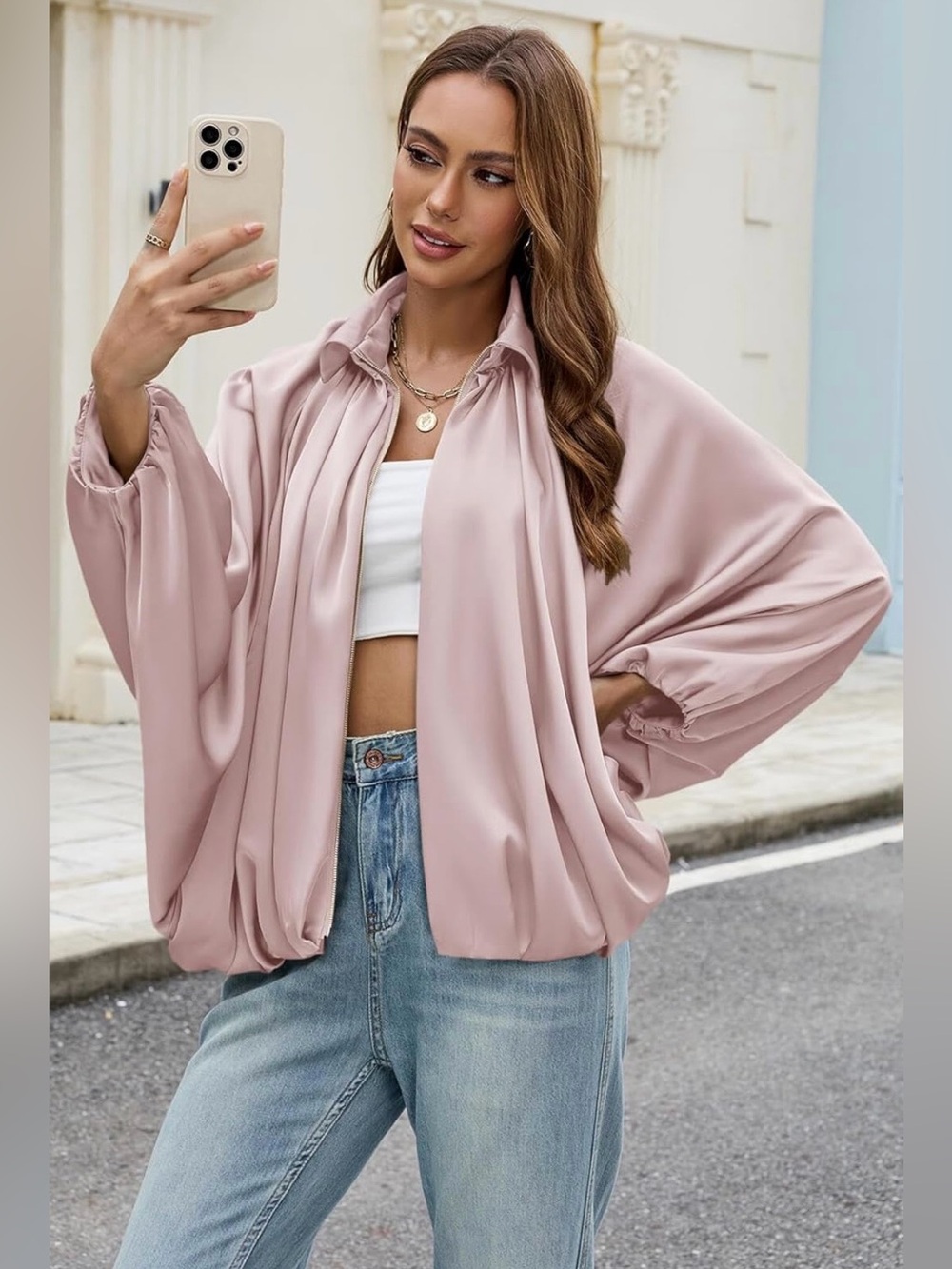 Egockal Pink Satin Zip Hoodie